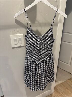 American Eagle Plaid Smocked Spaghetti-Strap Women's Dress - Navy & White